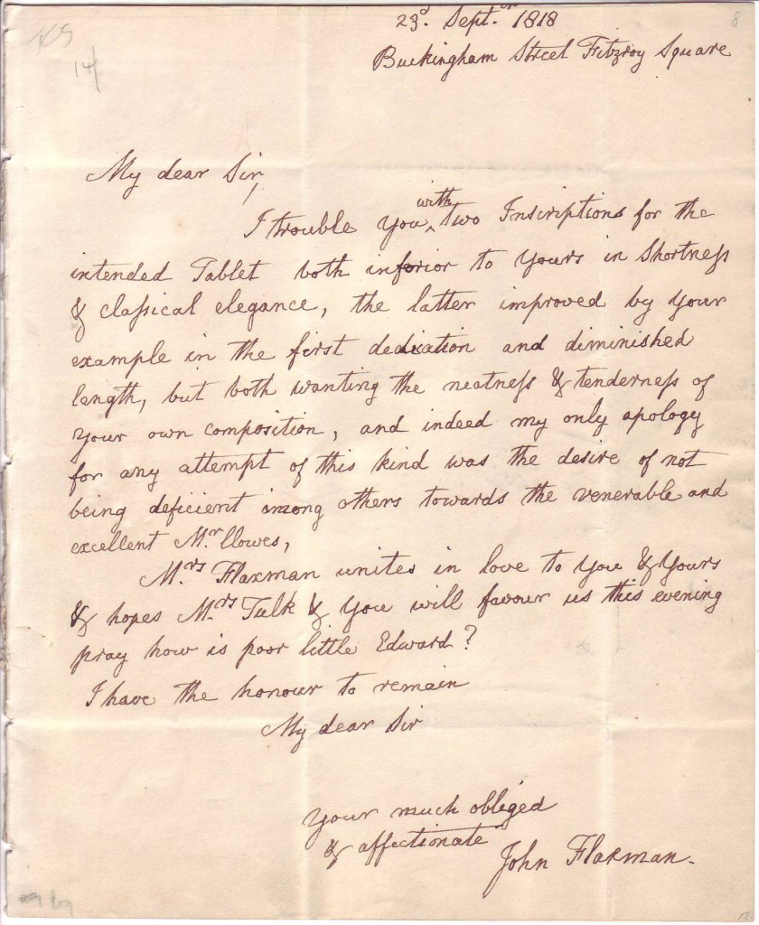 FLAXMAN, JOHN. Autograph Letter Signed, to English politician Charles Augustus Tulk,